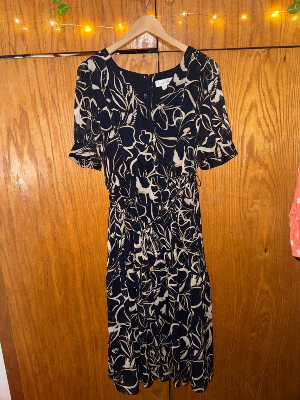 Black and Cream Floral Tie-Waist Midi Dress